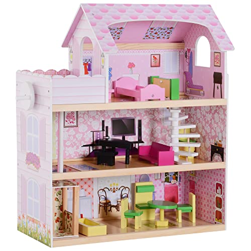 homcom Casa delle Bambole a 3 Piani con Ascensore Mobili 13pz Legno 60×30×71.5cm Rosa