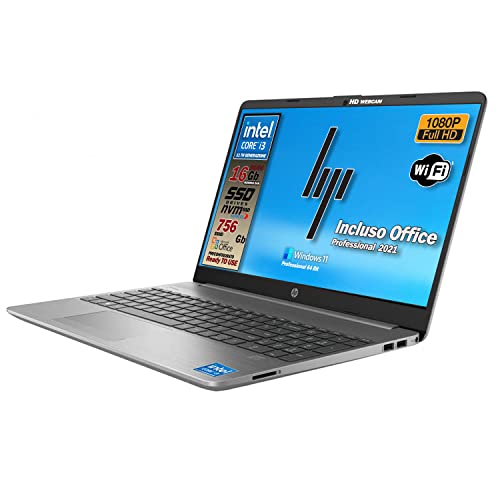 HP 250 G8, Pc portatile notebook silver, Display Full HD da 15,6 , cpu Intel i3 di 11Th, ram da 16 Gb, SSHD 756 Gb, Windows 11 Pro, Office Pro, computer portatile, Layout Italiano, pronto all uso