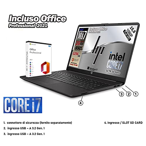 HP 250 G9, Pc portatile notebook, Intel Core i7 12Th 10 Core Ram 16...