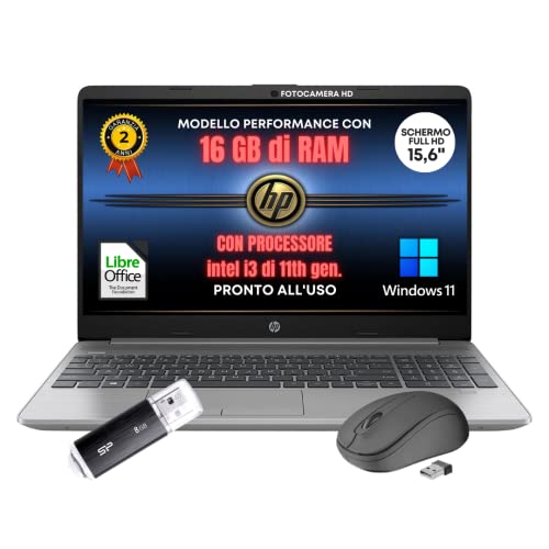 HP 250 Silver, Pc portatile notebook pro, Display Full HD da 15,6 , cpu Intel i3 di 11Th, ram da 16 Gb, SSD 256 Gb, Windows 11 Pro, computer portatile, pronto all uso + usb 8gb
