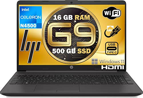 HP Notebook NUOVO MODELLO 2022 G9 pc portatile Intel n 4500 16 Gb Ram SSD Pci Nvme da 500 Gb display 15,6 antiriflesso 3 usb hdmi lan wi-fi win 11 Pro, N4500 OPEN Office
