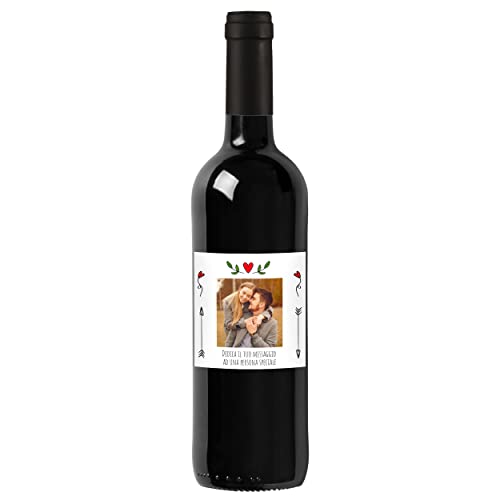 Idea regalo Vino Rosso Toscana IGT, bottiglia con etichetta personalizzata esclusiva per San Valentino, bomboniere, anniversario di fidanzamento e matrimonio (0,75L, Foto e testo)