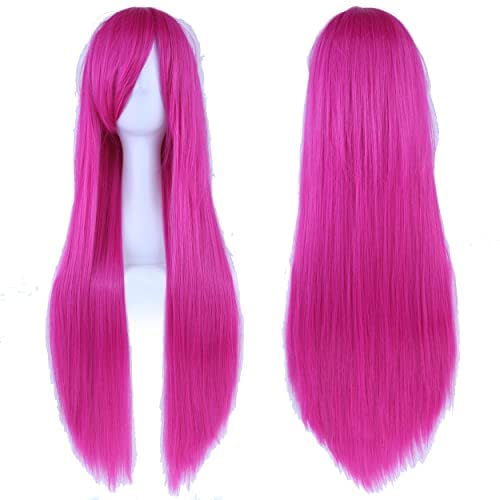 IMISSU 80cm Parrucche cosplay di capelli naturali lunghi e lisci con frangia Parrucca colorata per feste in costume di Halloween per ragazza (Rosa)