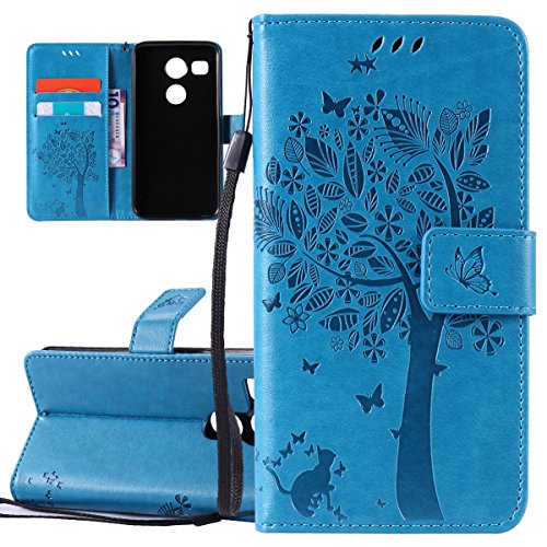 ISAKEN Compatibile con LG Nexus 5X Custodia, Libro Flip Cover Portafoglio Wallet Case Albero Design Tinta Unita Caso in Pelle PU Protezione Caso con Supporto di Stand Carte Slot Chiusura - Blu