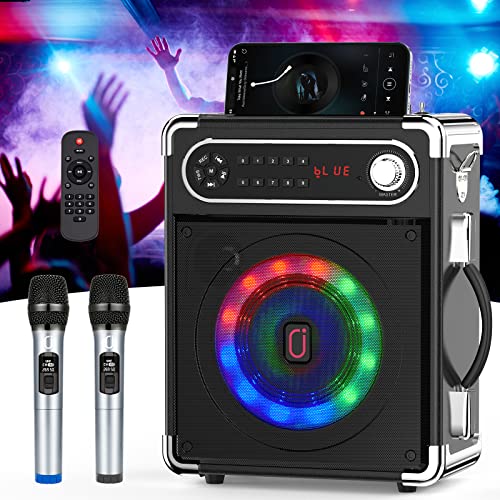JYX Casse karaoke con 2 microfoni wireless, Altoparlante portatile Bluetooth per Casse karaoke completo con supporto per controllo bassi alti TF USB, AUX IN, FM, REC