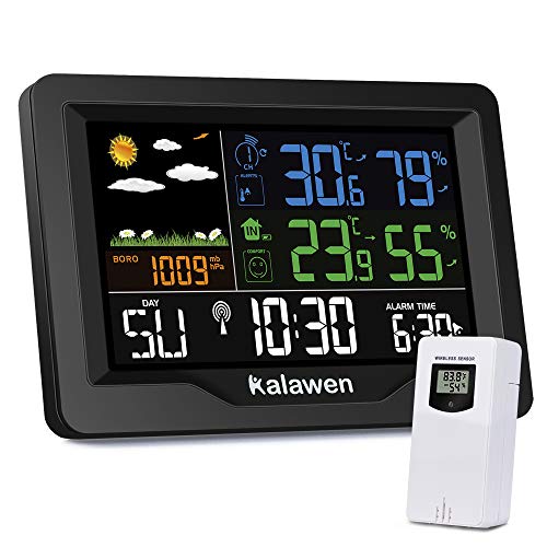 Kalawen Stazione Meteo Meterologica Automatica Digitale Wireless con Ultra-Ampio Schermo LCD Display Sveglia Tempo Data Temperatura umidità Previsioni Meteo con Sensore Esterno