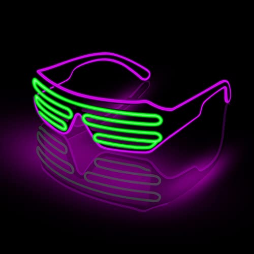 KingCorey Neon Rave Occhiali El Wire LED lampeggianti Occhiali da sole illuminano costumi DJ per feste, anni  80, EDM, Halloween RB5068B(Viola Verde Chiaro)