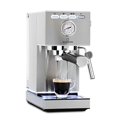 Klarstein Pausa - Macchina del caffè, espresso maker con 1350 watt, 20 bar di pressione, con serbatoio da 1,4 litri, acciaio inox, argento