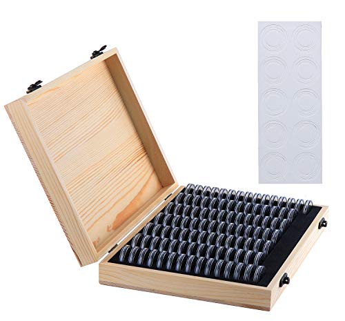 Kyrio - Scatola portamonete in legno, può contenere 100 monete, organizer con capsule rotonde in plastica, per collezionisti di monete, 18 mm   21 mm   25 mm   27 mm   30 mm