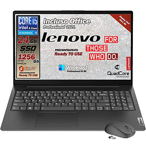 Lenovo, pc portatile notebook, cpu Intel i5 11Th gen, 4 core, 24 Gb ram, display Full hd da 15,6 , ssd nvme da 256 Gb + hdd da 1000 Gb, win 11 pro, office pro 2021, mouse wireless, pronto all uso