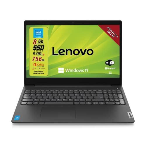 Lenovo, Pc portatile notebook pronto all uso, Display FHD da 15,6 , cpu N4500, ram 8Gb, sshd 756Gb, windows 11 pro, computer portatile con pacchetto Office 2021