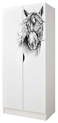 leomark Bianco Armadio funzionale in Legno - Roma - con ante scorrevoli, mobiletto per bambini, Stile scandinavo, dim: 161,5 (Altezza) cm (Ritratto di un cavallo)