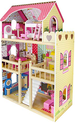 Leomark Casa delle bambole, sogno mansion in legno, mobili e accessori, residence con 4 bambole, appartamento mansion dolls, house pieghevole 3 piani, dimensioni: 59 x 33 x 90 cm (LxPxA)