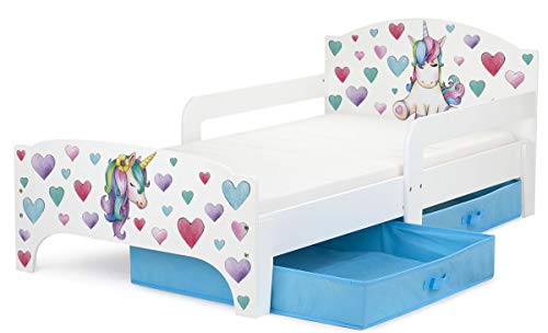Leomark Smart letto per bambini in legno, lettino con cassetto cassettone e materasso 140x70cm, magnifiche stampe, mobili per bambini, attrezzatura stanza per bambino, tema: UNICORNO