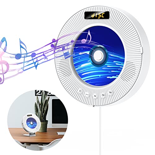 Lettore CD con Bluetooth, lettore CD portatile montabile a parete, altoparlante Hi-Fi incorporato, ingresso USB AUX, riproduzione di memorie, radio FM, jack per cuffie da 3,5 mm