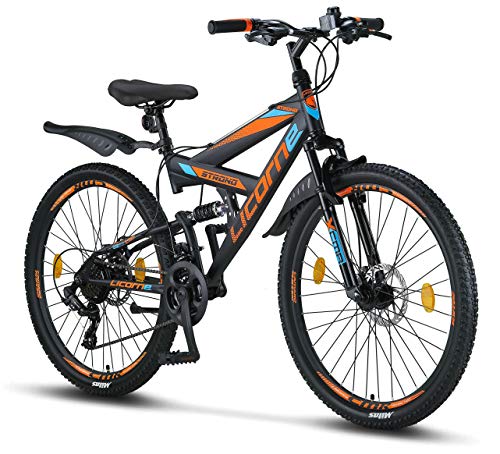 Licorne Bike Strong D 26  Mountain Bike Fully, Adatto a Partire da 150 cm, Freno a Disco Anteriore e Posteriore, Cambio a 21 Marce, sospensioni Complete, per Ragazzi, Nero Blu Arancione