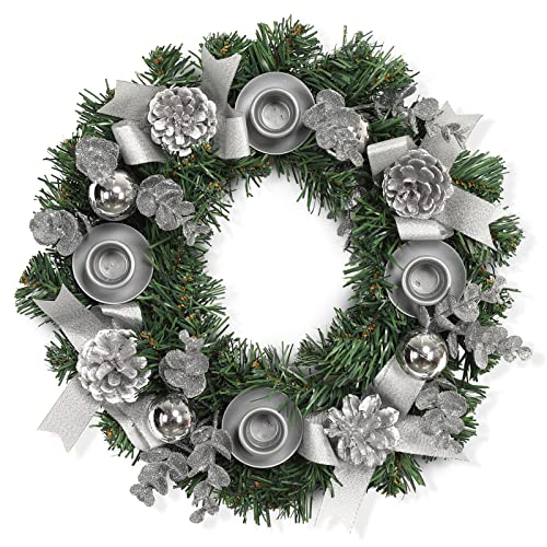 LinTimes Corona dell Avvento moderna, corona dell Avvento artificiale, per lumini, 13 pollici, in argento, con sfera di Natale, pigne di eucalipto, per decorazioni natalizie