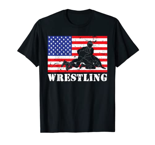 Lottatore d epoca con bandiera americana in difficoltà, wrestling, Stati Uniti Maglietta