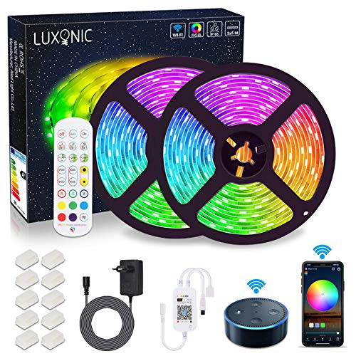 LUXONIC Striscia LED 10 Metri, Strisce LED WiFi (2 x 5M) RGB Colorati 5050 SMD Sincronizza con la Musica, APP per Smartphone Lavora con Alexa Google Home, per Decorazioni Feste