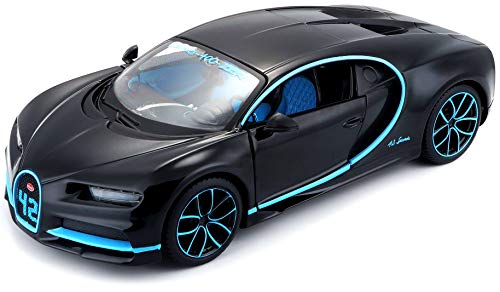 Maisto, Bugatti Chiron, modellino di auto fedele all’originale, in scala 1:24, porte mobili, 19 cm, grigio (531514BK)