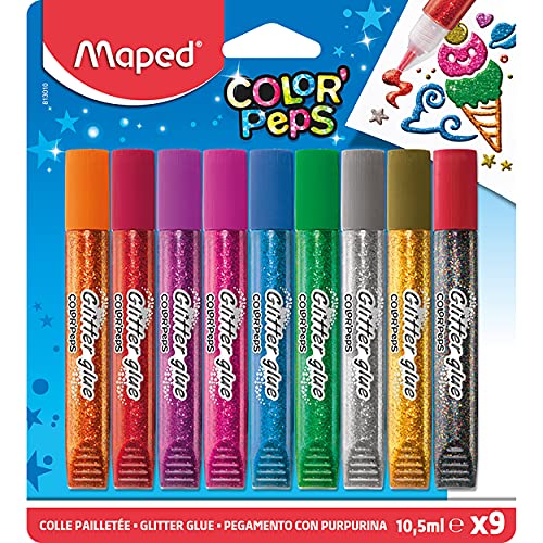 Maped Color Peps - Tubi di colla glitterati per bambini, effetto brillantinato, facile da usare, con punta fine, 9 tubetti da 10,5 ml, colori assortiti