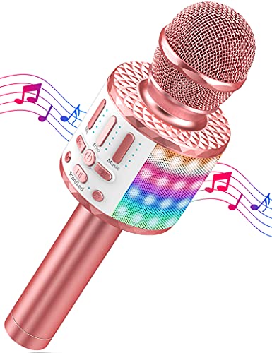 Microfono Karaoke Bluetooth, Microfoni Karaoke Wireless con LED Flash, Portatile Karaoke Player Bambini, Altoparlante, Cambia Voce, per KTV Casa Festa Canto, Compatibile con Android iOS