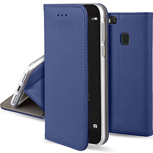 Moozy Cover per Huawei P9 Lite, Blu Scuro - Custodia a Libro Flip Smart Magnetica con Appoggio e Porta Carte