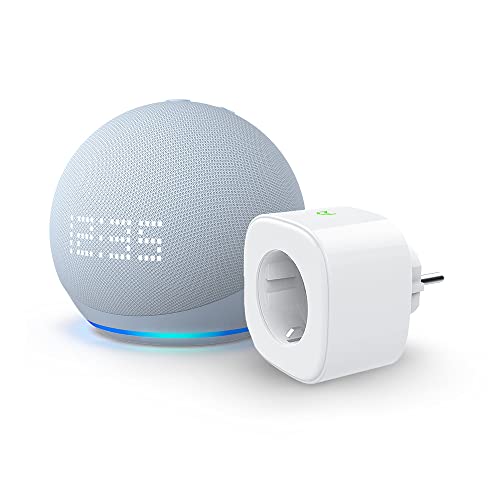 Nuovo Echo Dot (5ª generazione, modello 2022) con orologio, Azzurro tenue + Meross Smart Plug (presa intelligente con connettività Wi-Fi), compatibile con Alexa - Kit di base per Casa Intelligente