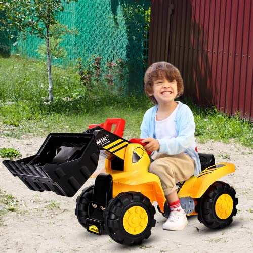 GYMAX Ruspa Cavalcabile Giocattolo per Bambini più di 3 Anni, Escavatore con Spazio di Archiviazione sotto La Sedia, Giallo, 85x45x30 cm