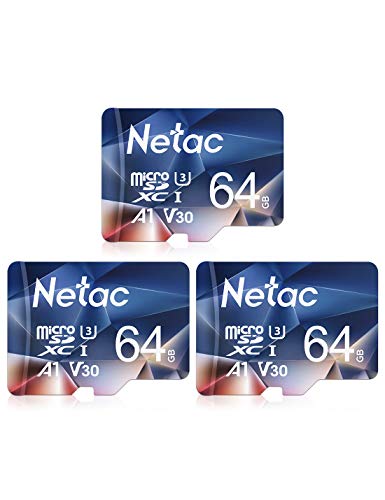Netac 64G Scheda Micro SD, Scheda di Memoria 3 Pack, A1, U3, C10, V30, 4K, 667X, UHS-I, Velocità Fino a 100 30 MB Sec(R W), Micro SD Card per Telefono, Videocamera, Switch, Gopro, Tablet