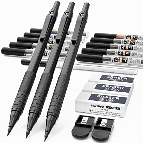Nicpro Set di matite meccaniche 2.0 in metallo nero con custodia, 3 pz porta filo con 2 mm di grafite piombo ricarica (HB 2H 4H 2B 4B) e colori, temperamatite, disegno, schizzi