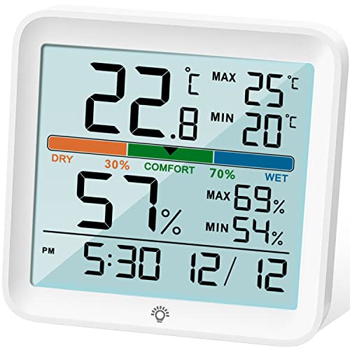 NOKLEAD Igrometro Termometro per interni - Misuratore di umidità digitale per ambienti Misuratore di temperatura accurato Registrazioni max min, Touch LCD con calibrazione orologio retroilluminato