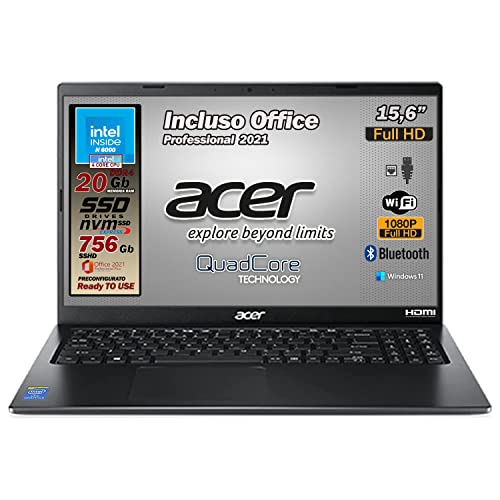 Notebook ultraleggero Acer, Ram 20 Gb, Cpu Intel N 6000, 4 Core, SSHD da 756 gb, Display 15.6  Full HD led, 3 USB, wi-fi, hdmi, BT, lan, Win 11 Pro, Office Pro, Pronto all Uso, Gar. e layout Italia