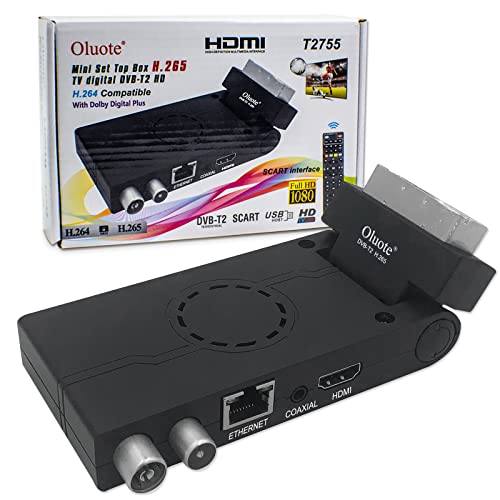 Oluote Decoder Digitale Terrestr, Full High Definition DVB-T2 Ricevitore Sintonizzatore per HDTV 1080P, SCART, Compatibile H.265 con H.264