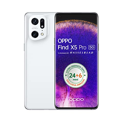 OPPO Find X5 Pro Smartphone, AI Tripla Fotocamera 50+50+13MP, Refresh rate 120HZ WQHD+ 5000mAh, RAM 12GB+ROM 256GB, Android 12, Bianco (Ceramic White), Display 6.7” [Versione Italiana]