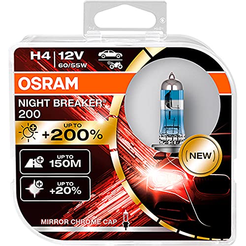 OSRAM NIGHT BREAKER 200, H4, +200% di Luce, Lampada Alogena per Fari, 64193NB200-HCB, Auto 12V, Scatola Doppia (2 Lampade)
