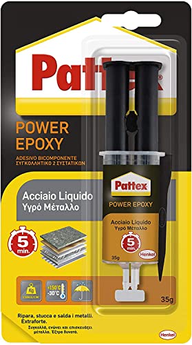 Pattex Power Epoxy Acciaio Liquido, colla epossidica bicomponente color metallo a base di resina epossidica, forte adesivo epossidico per metalli e altri materiali, 1x35g