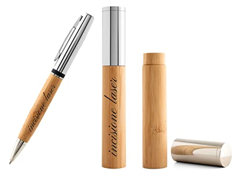 Penna in bamboo e metallo con astuccio in bamboo personalizzati al laser, refill nero.