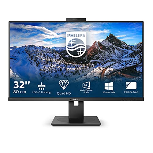 Philips 326P1H - Docking Monitor QHD USB-C da 32 pollici, webcam, regolabile in altezza (2560 x 1440, 75 Hz, HDMI, DisplayPort, USB-C, USB Hub), colore: Nero