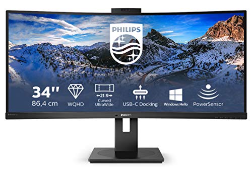 Philips 346P1CRH - Docking Monitor WQHD Curved USB-C da 34 pollici, webcam, regolabile in altezza, HDR400 (3440 x 1440, 100 Hz, HDMI, DisplayPort, USB-C, RJ45, hub USB), nero