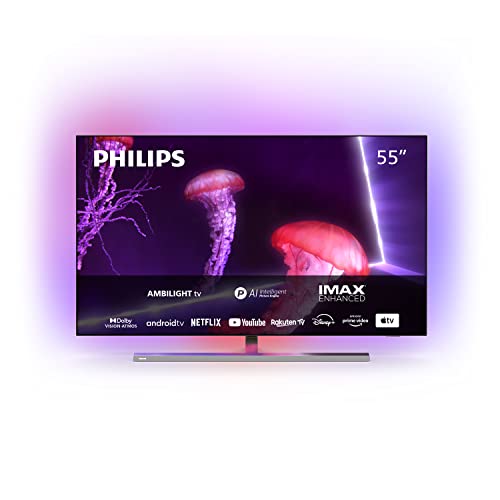 Philips OLED857, Smart TV OLED UHD 4K 55 Pollici, High Dynamic Range (HDR), Dolby Atmos, Immagini e Audio Come al Cinema, Design Sottile, 120Hz, Ambilight, TV Android, Assistente Google