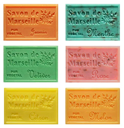 Piccolo Stock 6 (sei) pezzi Saponetta di Marsiglia 125g Profumazioni miste 6 pz x 125g Jasmin Menta Vetiver Rosa Limone Melone
