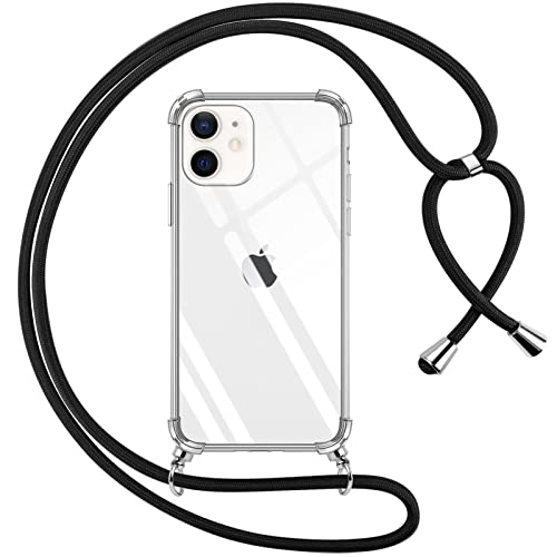 Pnakqil Cover per iPhone 12 iPhone 12 Pro con Cordino, Trasparente Custodia con Laccio Tracolla Cellulare Girocollo Collana Protettiva per Apple iPhone 12 6.1 , Nero