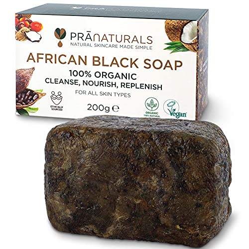 PraNaturals Sapone Nero Africano 200g, Prodotto artigianalmente in Ghana,Cosmetico Biologico e Vegano, Per tutti i tipi di pelle, Trattamento naturale disintossicante e anti-età, Non processato