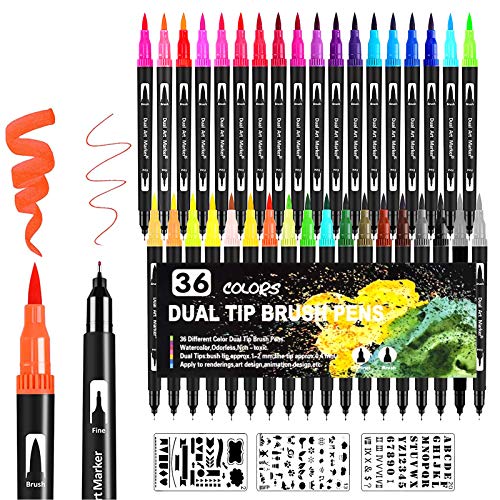 Qhui Brush Pen Lettering 36 colori Pennarelli Doppia Punta Fine e Grossa Pennello, Penne da Colorare ad Acquerello Bullet Journal, Libri da Colorare, Mandala, Disegnare a Scuola