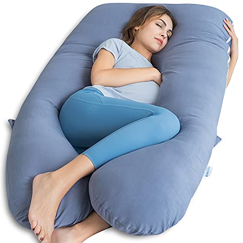QUEEN ROSE Cuscino rinfrescante per gravidanza, morbido e setoso per dormire, cuscino per il corpo a forma di U per la gravidanza, cuscino maternità da 139,7 cm, colore blu