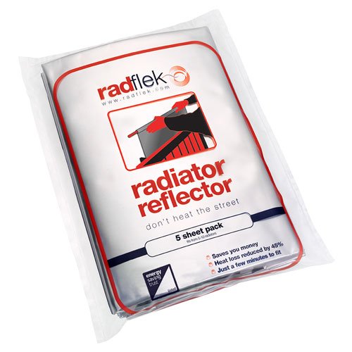Radflek - Pannelli termoriflettenti per termosifoni, con strisce adesive termoriflettenti Radstik, confezione da 5 pannelli e 4 strisce Radstik, per isolare fino a 10 termosifoni