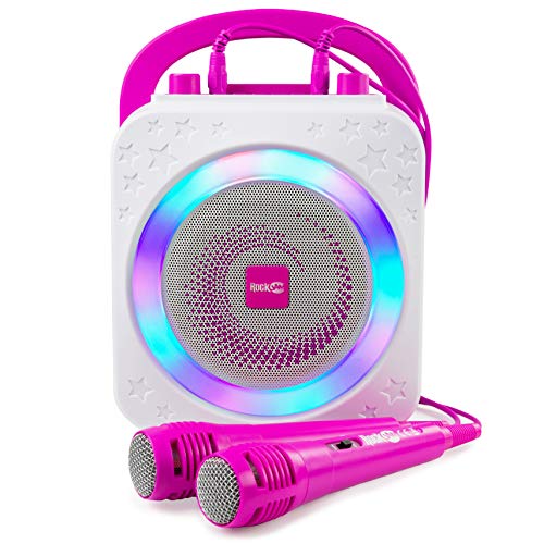 Rockjam 10-Watt Karaoke Bluetooth Karaoke Machine con due microfoni, effetti vocali e luci a LED - rosa