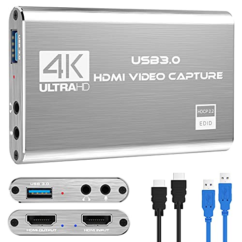 Rybozen Scheda di acquisizione video audio 4K, dispositivo di acquisizione video HDMI USB 3.0, Full HD 1080P per la registrazione di giochi, trasmissione in streaming live-argento