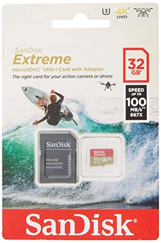 SanDisk Extreme microSDHC 32GB per Action Camera e Droni + Adattatore SD, Velocità di Lettura fino a 100 MB s, A1 C10 V30 UHS-I U3